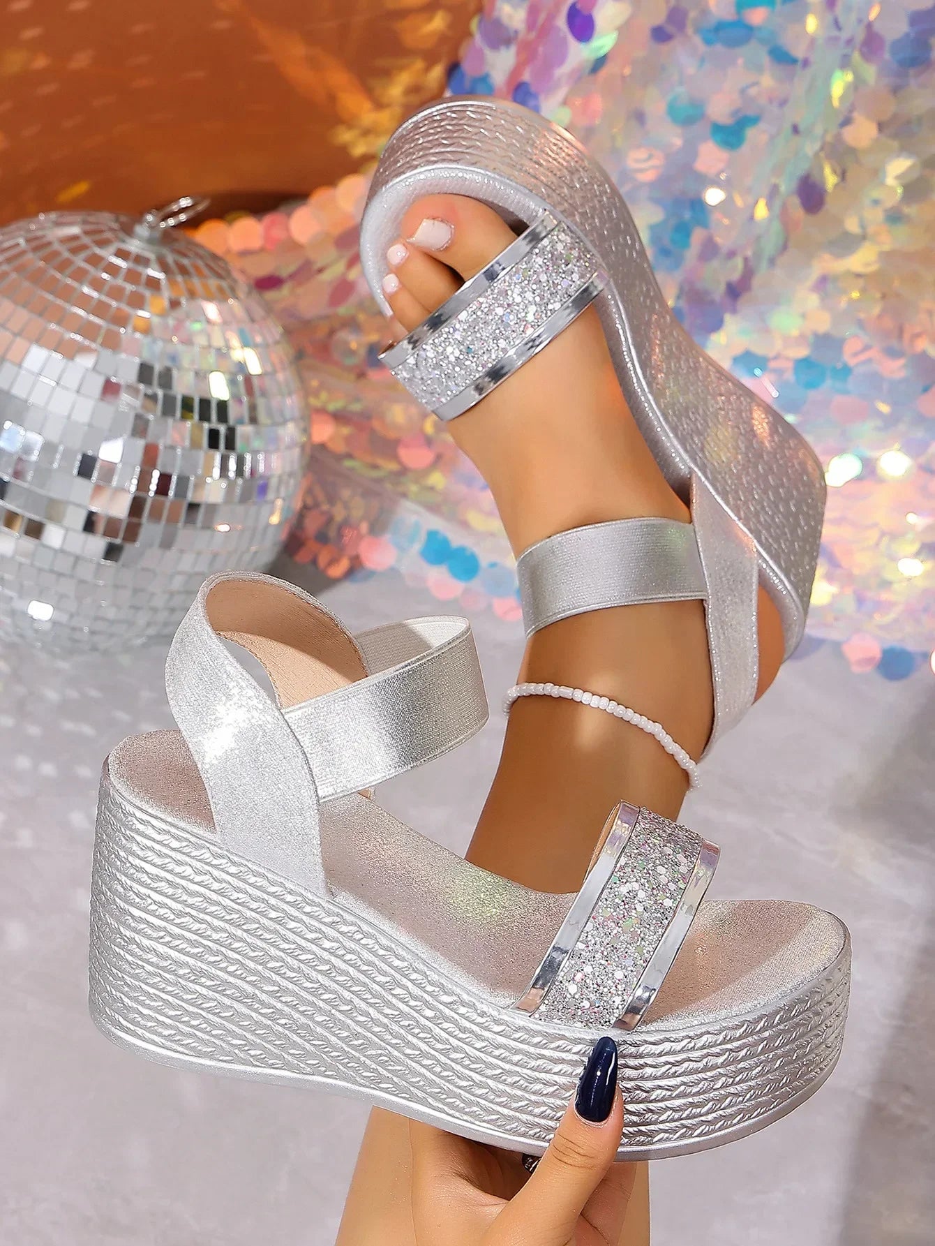 Gold Glitter Platform Wedge Sandals