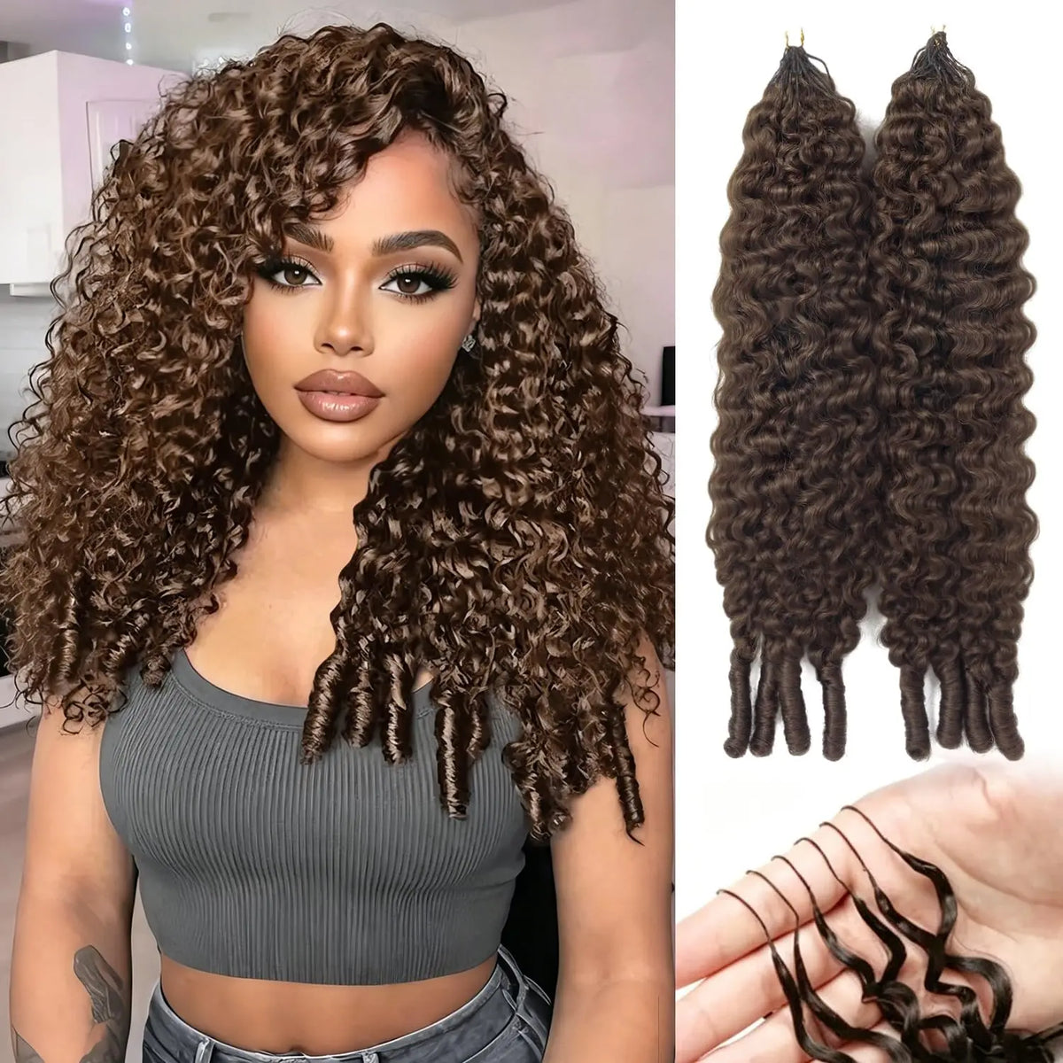 Chocolate Brown Burmese Curly Human Hair Crochet Extensions for Women