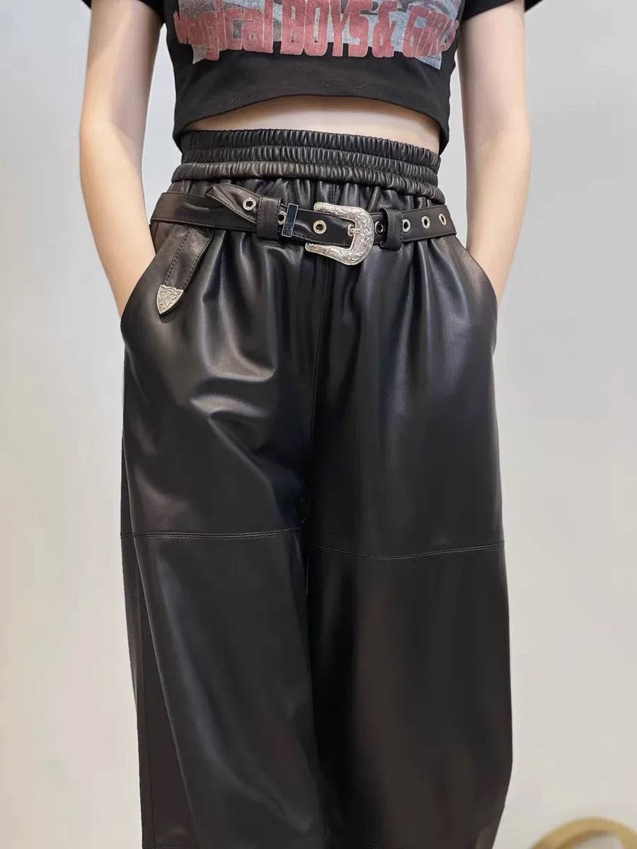 Y2K Cargo Pants Women High Waist Baggy Pants 2025 New Korean Fashion Wide Leg Genuine Leather Trousers Streetwear Loose Style