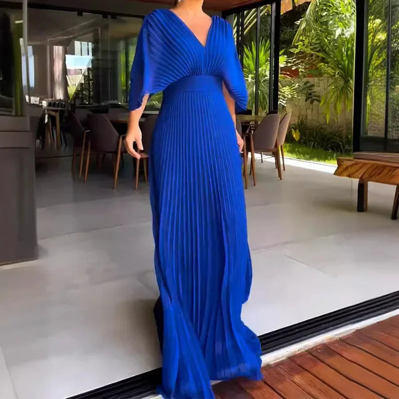 Solid Color V-Neck Bat-Sleeve High-Waisted Dress for Women