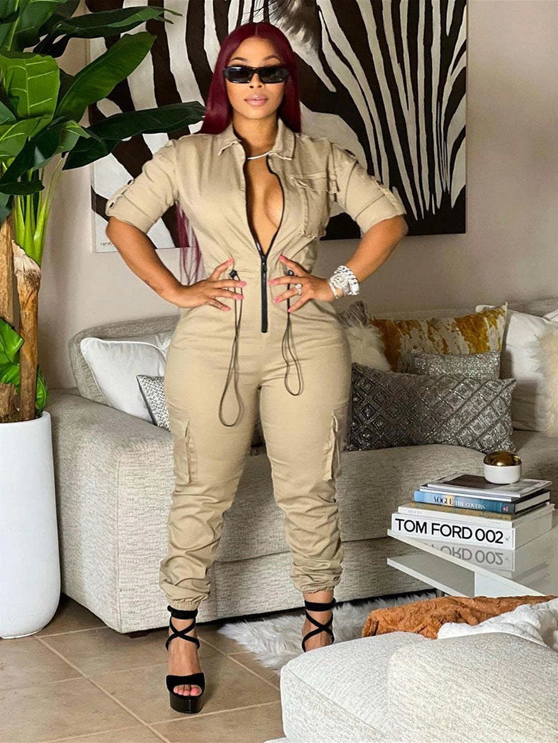 Long Sleeve Utility Cargo Jumpsuit With Pockets for Women