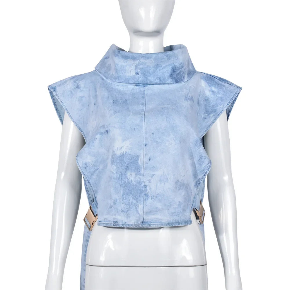 Elegant Tank Tops for Women Streetwear Summer 2025 New Cowboy Pile Collar Pullover Sleeveless Workwear High Waist Short Vest
