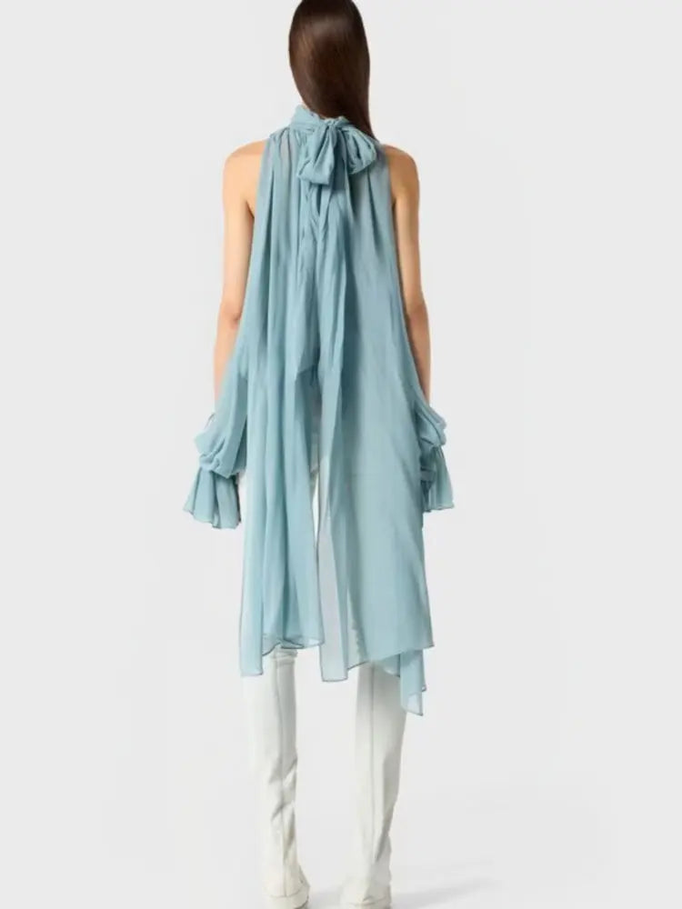 Vintage Chiffon Tiered Ruffle Sleeve Blouse with High Neck for Women