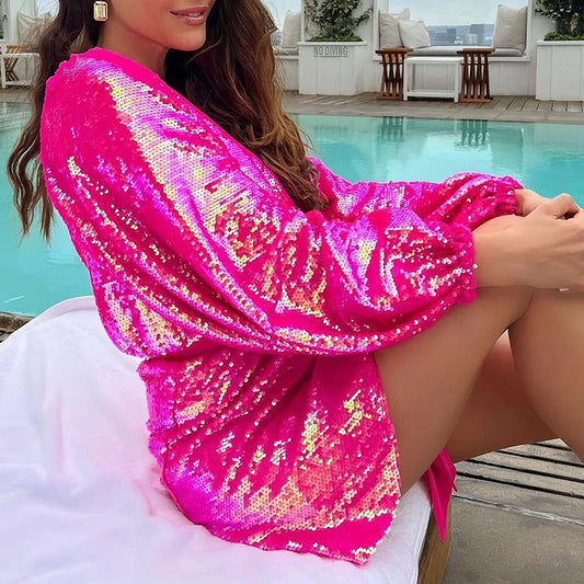 Sequin V-Neck Lantern Sleeve Mini Party Dress for Women