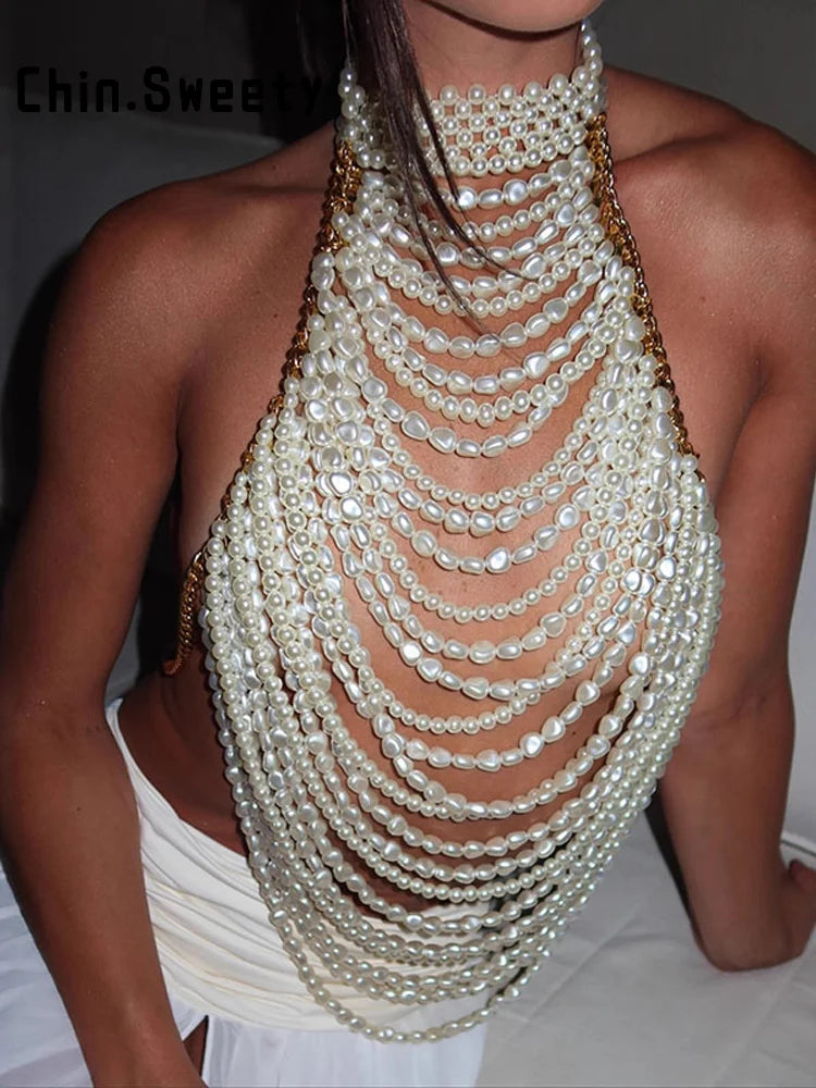 Elegant Pearl Halter Tank Top With Layered Chain Trim for Women