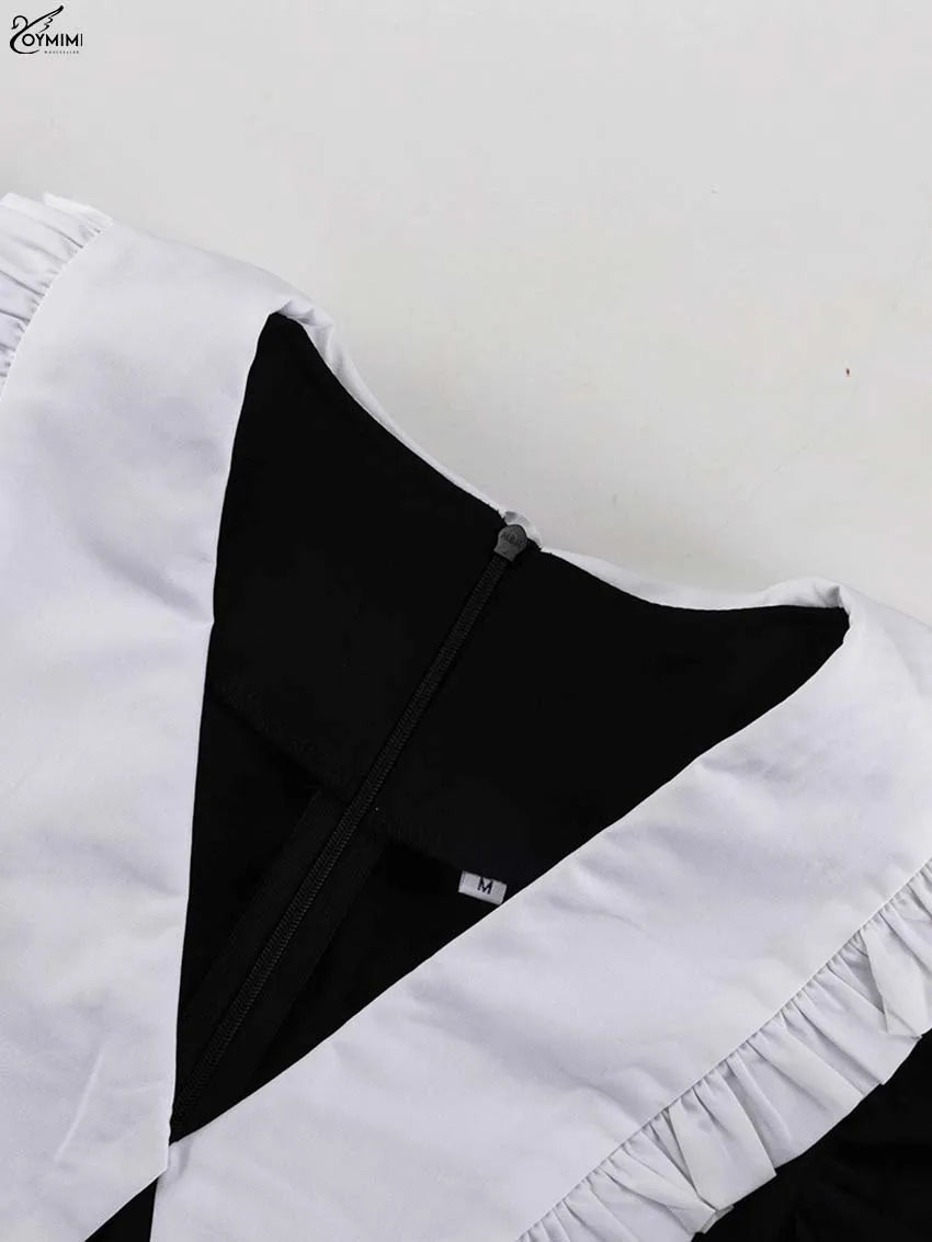 Oymimi Elegant Black Patchwork Women's Dress Casual Peter Pan Collar Three Quarter Sleeve Dresses Fashion Pleated Mini Dresses