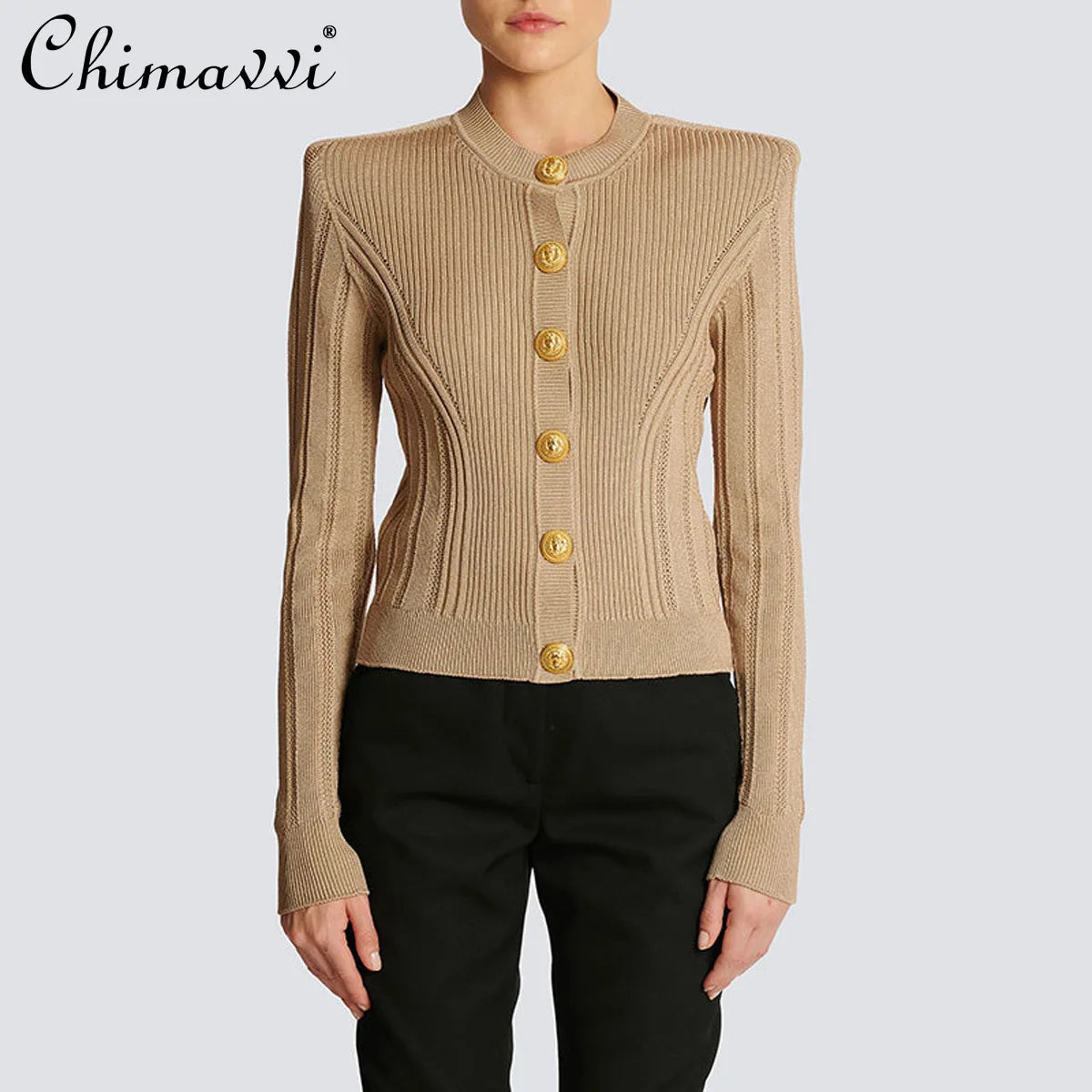 2025 Autumn New Fashion Crew Neck Long-sleeved Top Commuter Single-breasted Slim-fit Sweater Cardigan Jacket for Women