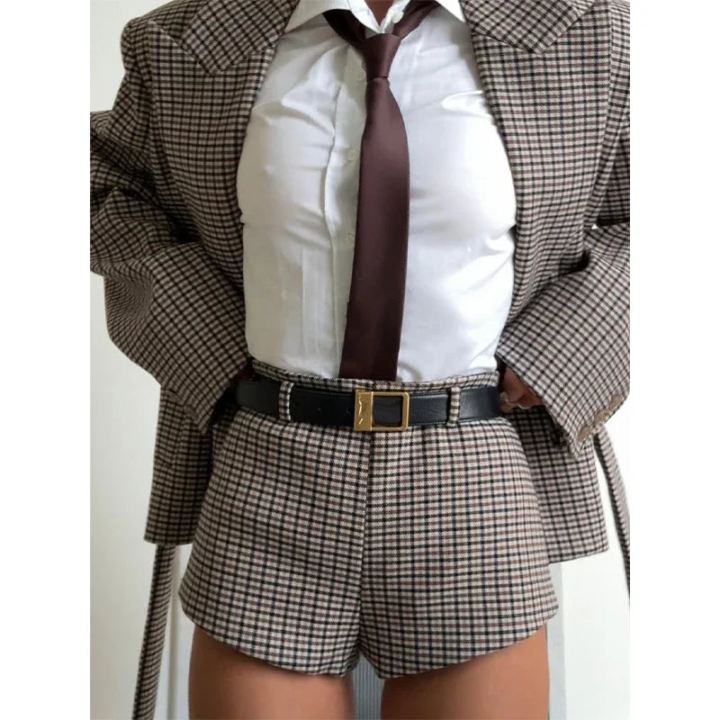 Vintage Plaid Lapel Blazer and Shorts Set for Women