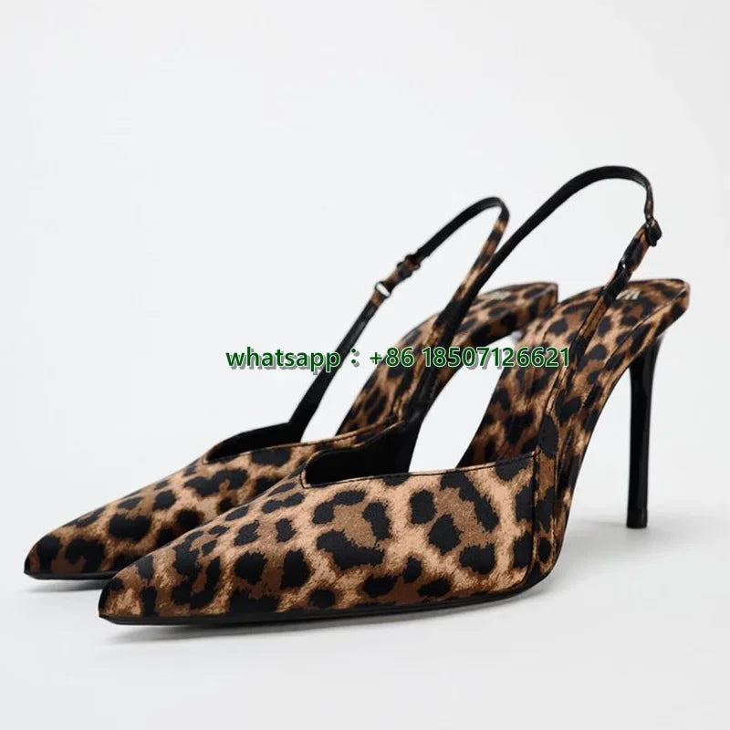 Leopard Print Suede Pointed Toe Slingback Pumps with Chain Detail for Women