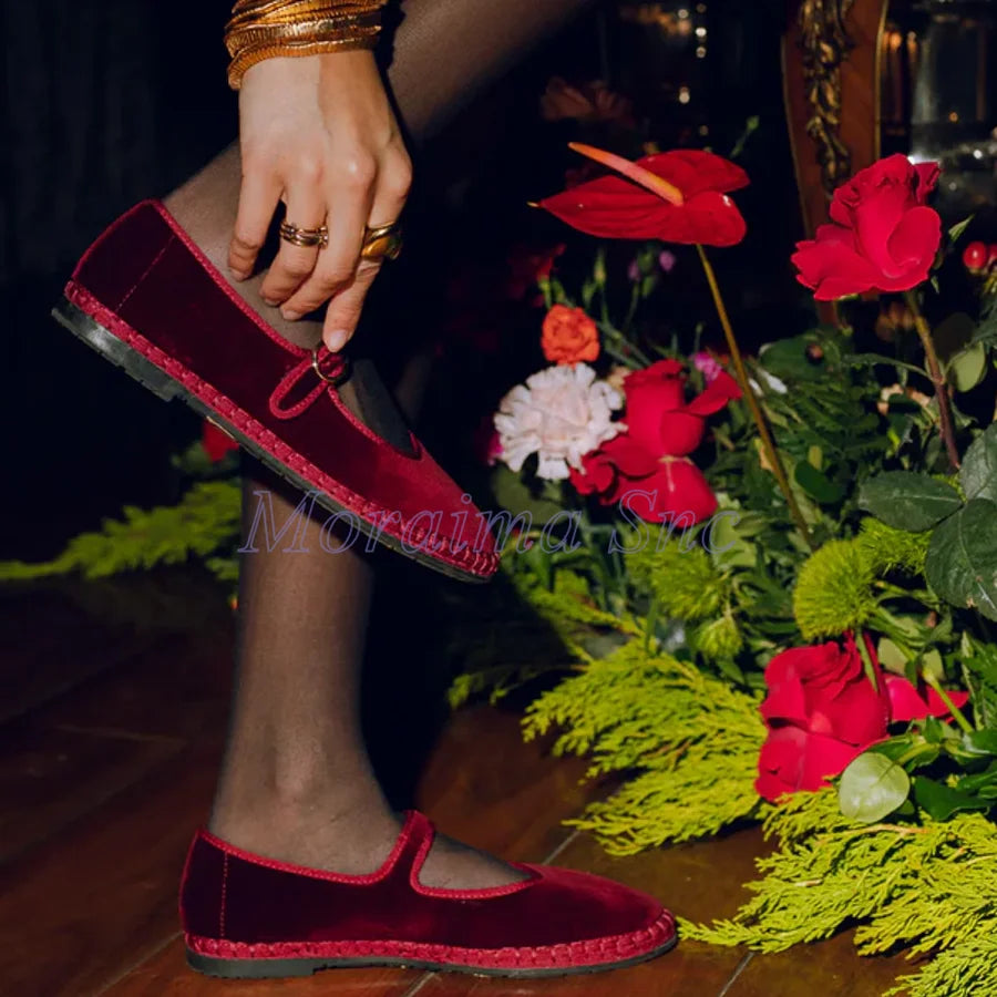 Round Toe Grey Velvet Mary Jane Ballet Flats for Women