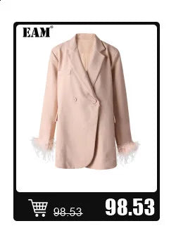 [EAM] Women Blue Pleated Hem Long Big Size Blouse New Stand Collar Long Sleeve Shirt Fashion Tide Spring Autumn 2025 1DH5707