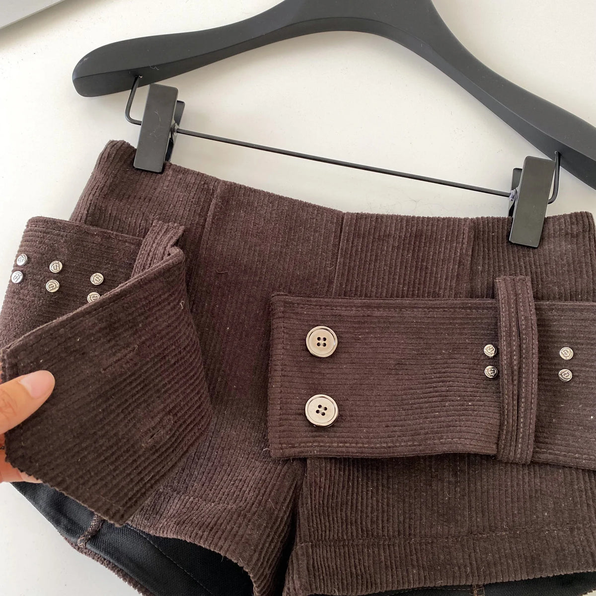 Retro Corduroy Button Detail Low Waist Shorts for Women