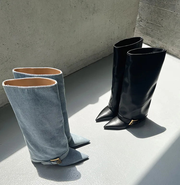 Design Women Metal High Heel Pointed Toe Belt Buckle Knee High Boots Sexy Women Pointy Gold Belt Buckle Knee Boots Plus Size 46