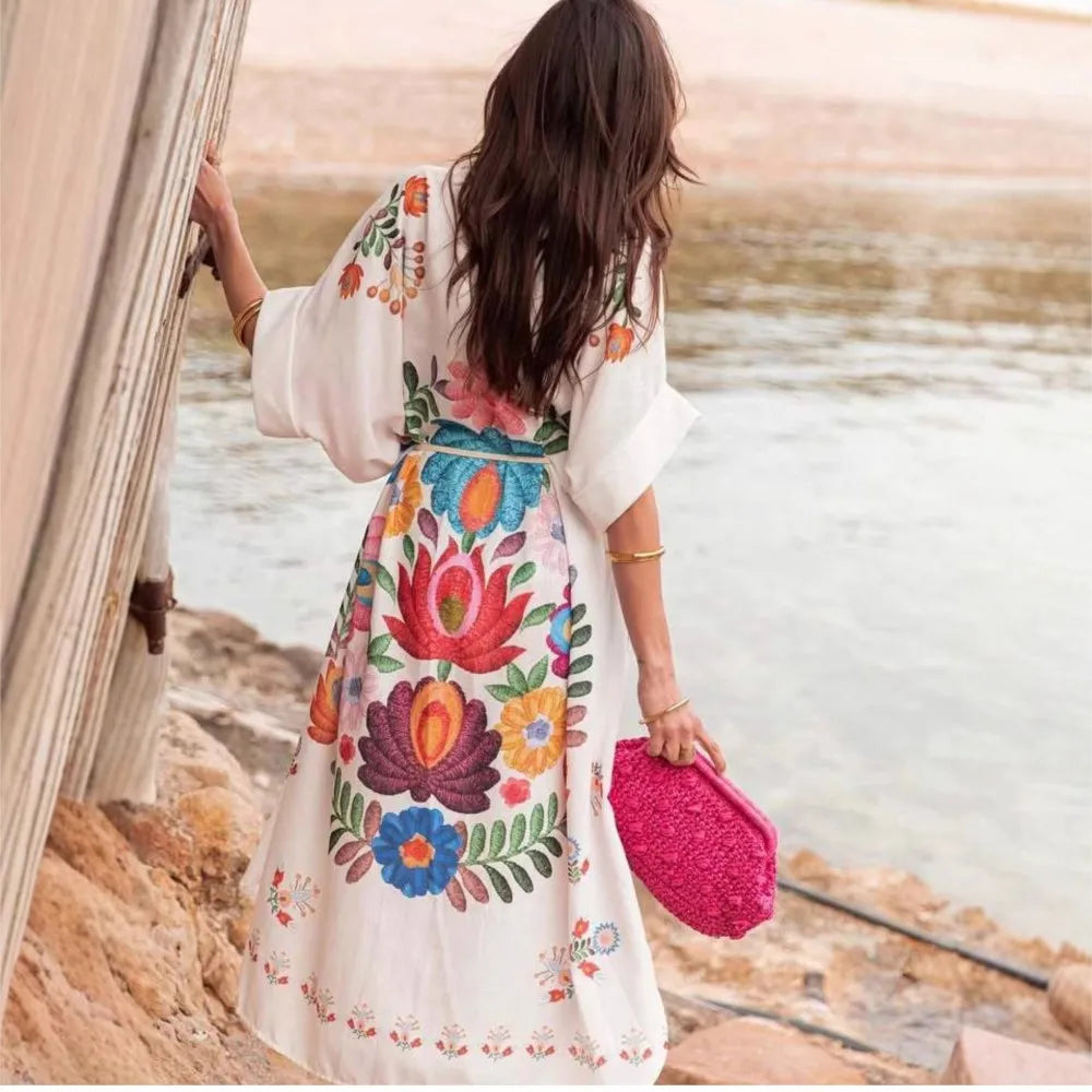 Bohemian Printed Lace-Up Loose-Fit Midi Dress for Women
