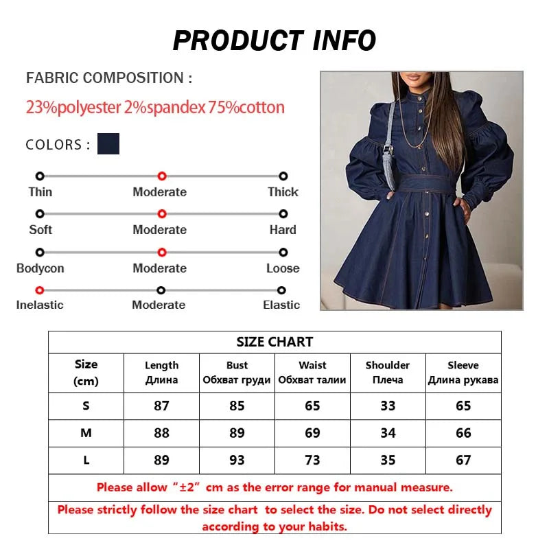 Oymimi Elegant Blue Denim Womens Dresses Fashion O-Neck Long Sleeve High Waisted Dresses Casual Button Mini Dress Streetwear