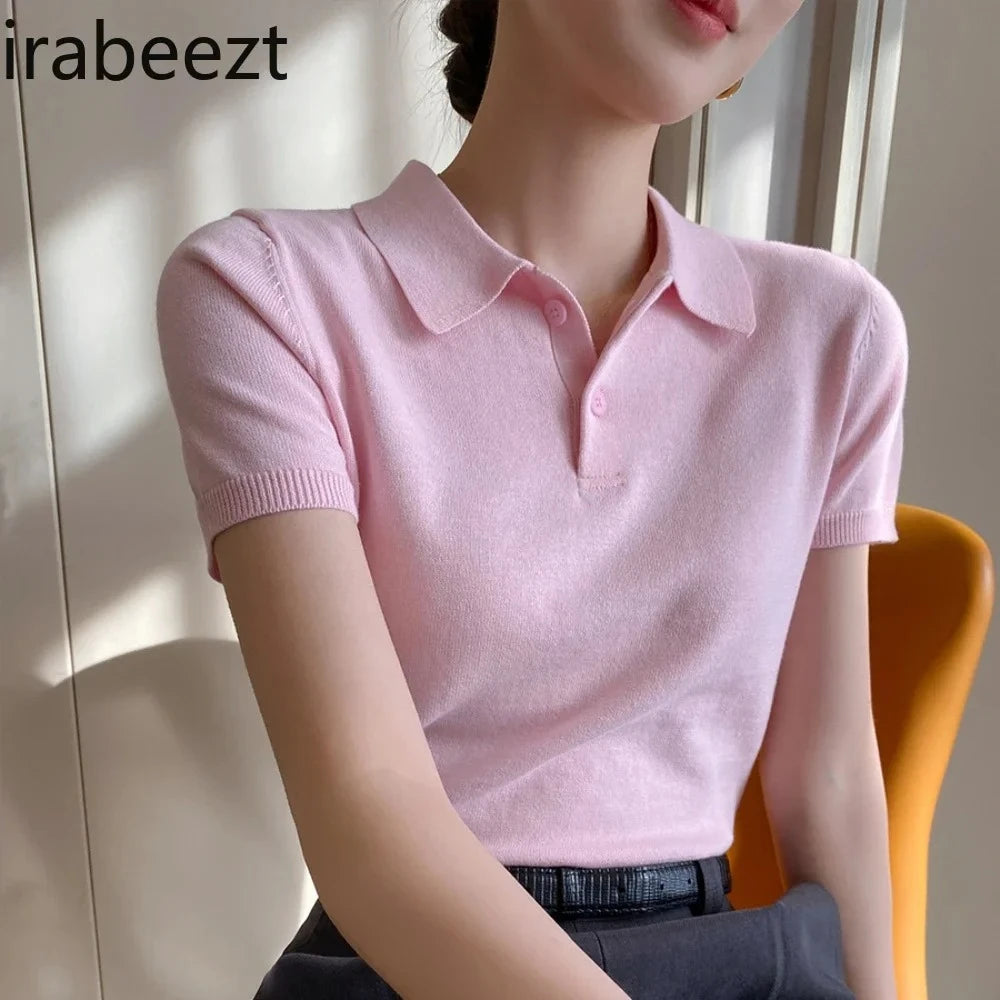 Casual Slim Fit Pink Breathable Knit Polo Top For Women