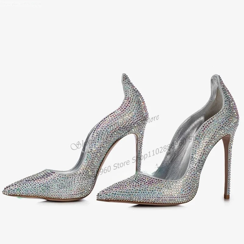 Deluxe Champagne Crystal Pointed Toe Covered Heel Pump for Women