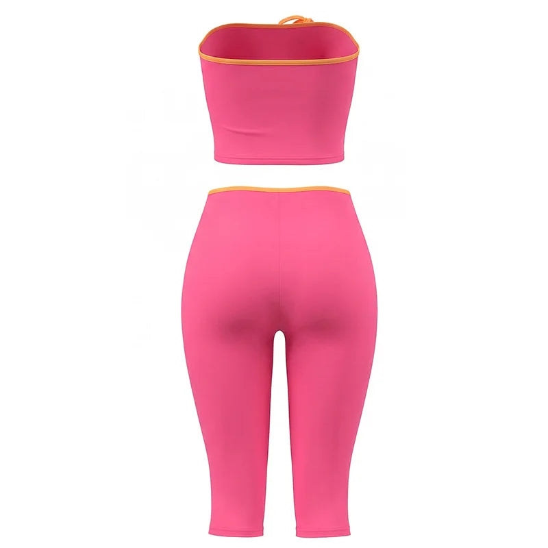 Rose Red Patchwork Lace-Up Two Piece Set for Women