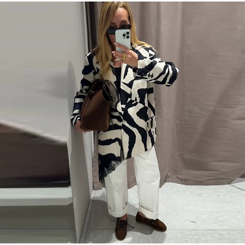 Oversized Zebra Print Long Sleeve Blazer for Women