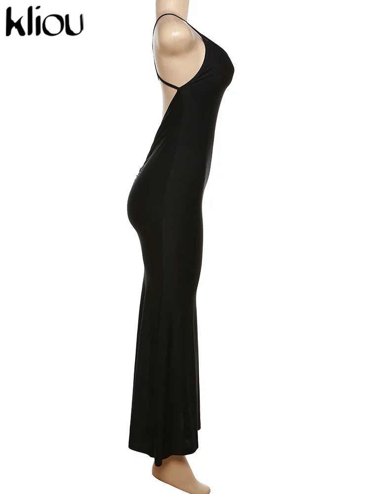 Shiny Spaghetti Strap Backless Ruched Maxi Dress for Women