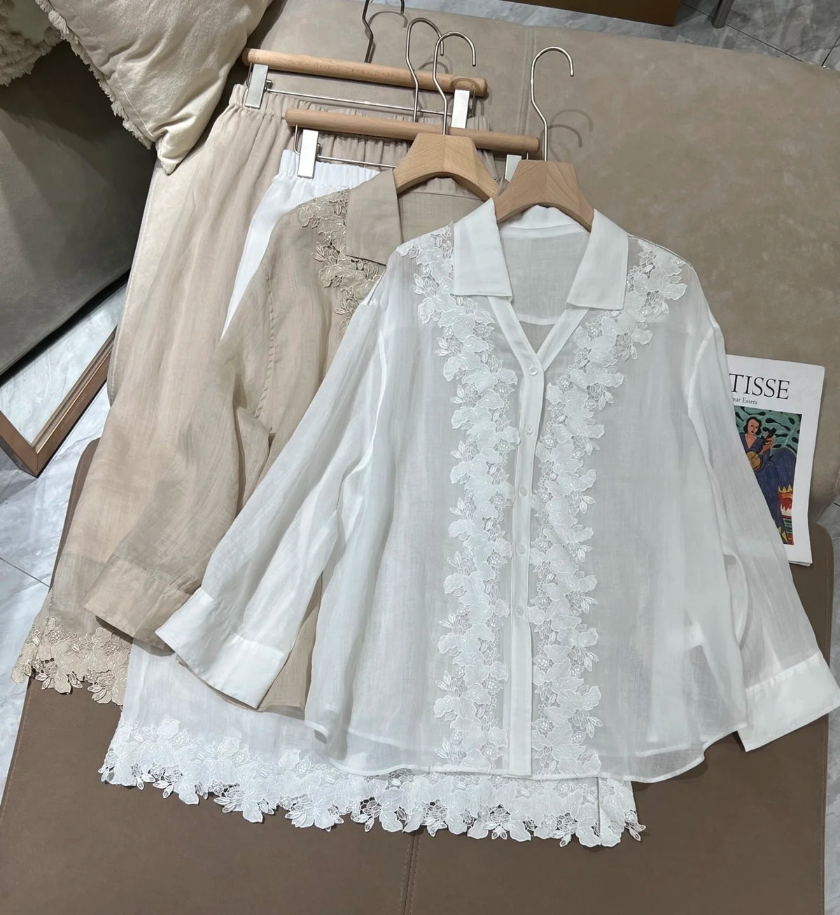 Embroidered Linen Blouse And Midi Skirt Set for Women