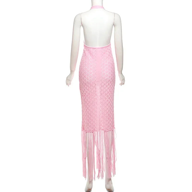 Elegant See Through Crochet Tassel Halter Dress for Women