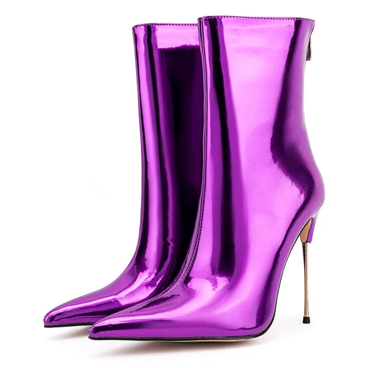 Shiny Blue Mirror Stiletto Boots with Side Zipper for Women