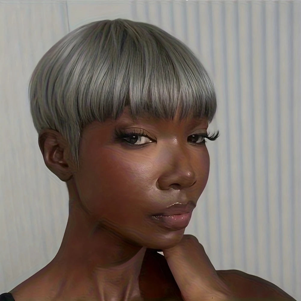 Short Straight Gray Human Hair Wig With Natural Look for Women