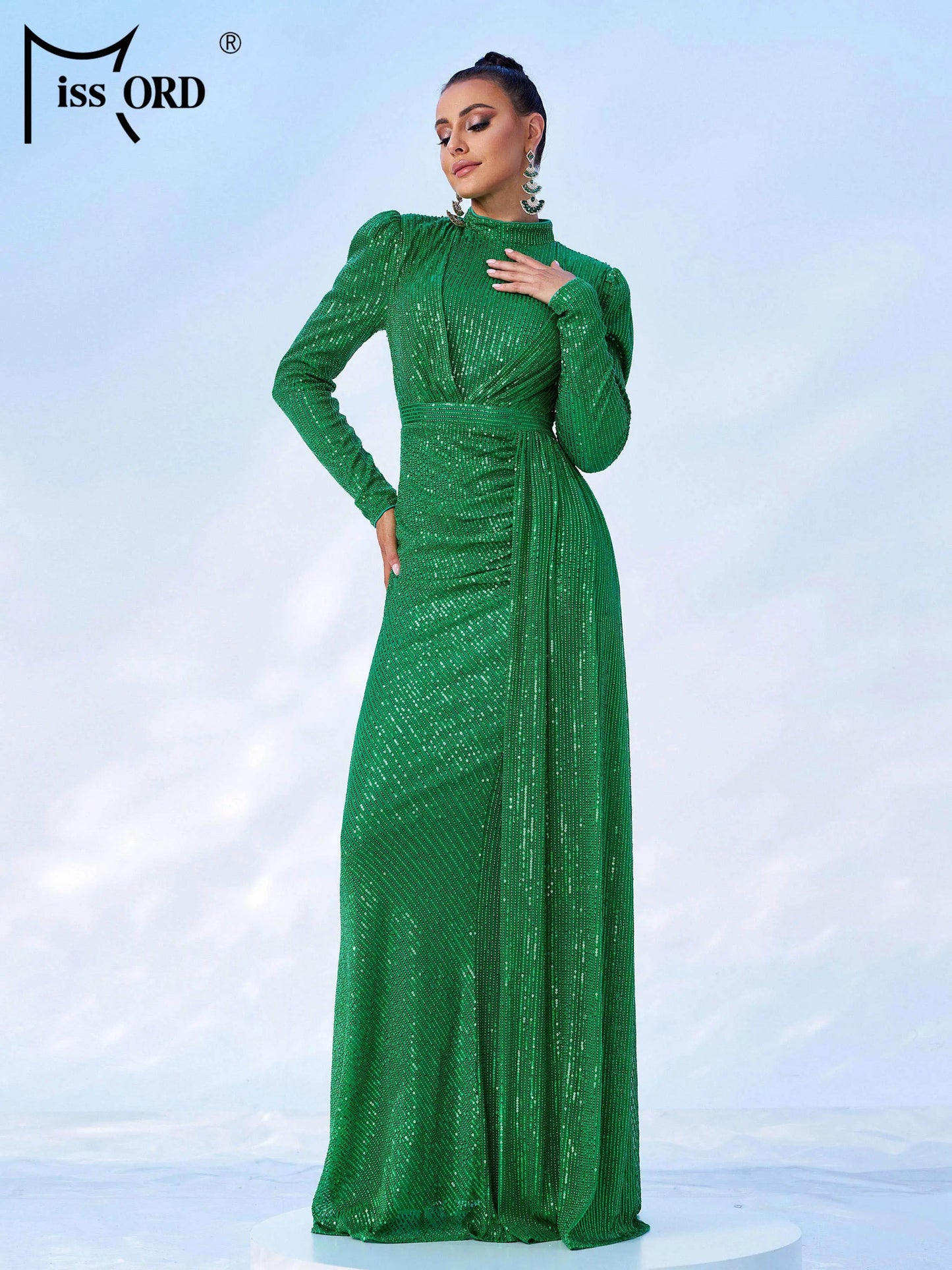 Missord Round Neck Long Sleeved Sequin Mermaid Evening Fashionable Exquisite Cocktail Prom Dress