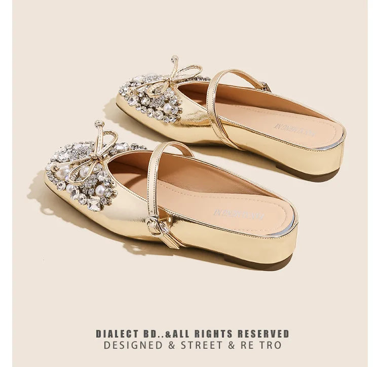 Pearl Bow Embellished Square Toe Flat Shoes For Women