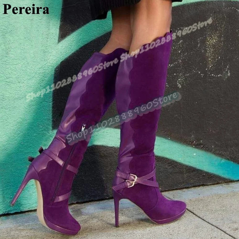 Splicing Knee High Purple Beveled Buckle Strap Boots Stilettos High Heel Shoes For Women Side Zipper Pointed Toe Stylish Boots