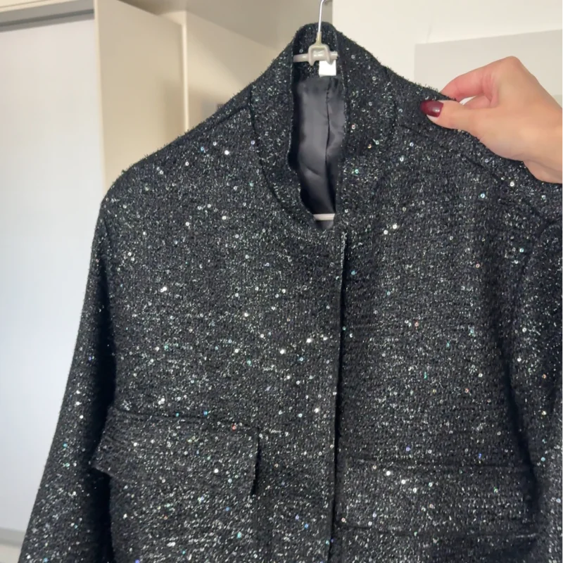 Suninheart Women's Sequined Bomber Jacket Fall O Neck Long Sleeve Pocket Stretch Hem Sequins Jacket Coat Female Chic Outerwear