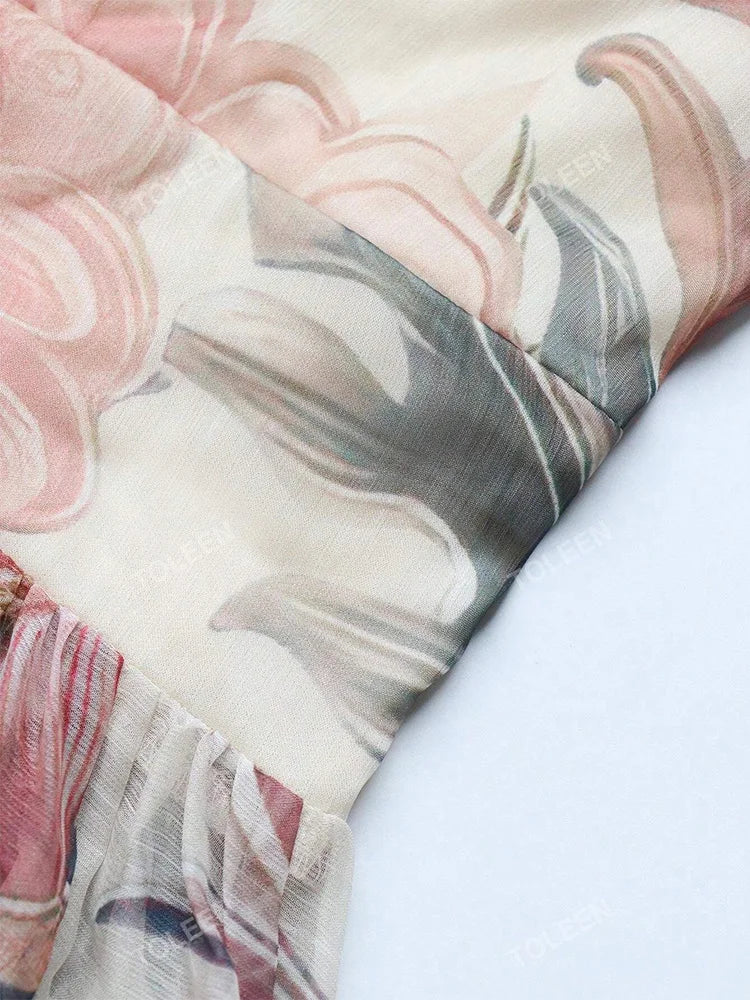 TOLEEN 2024 New in Women's Floral Allover Print Cut Out Long Sleeve High Waist Tie Back Casual Elegant Formal Summer Maxi Dress