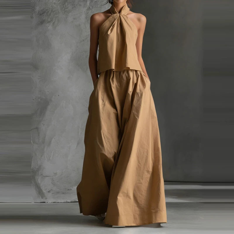 Sleeveless Halter Top And Wide Leg Pants Set for Women