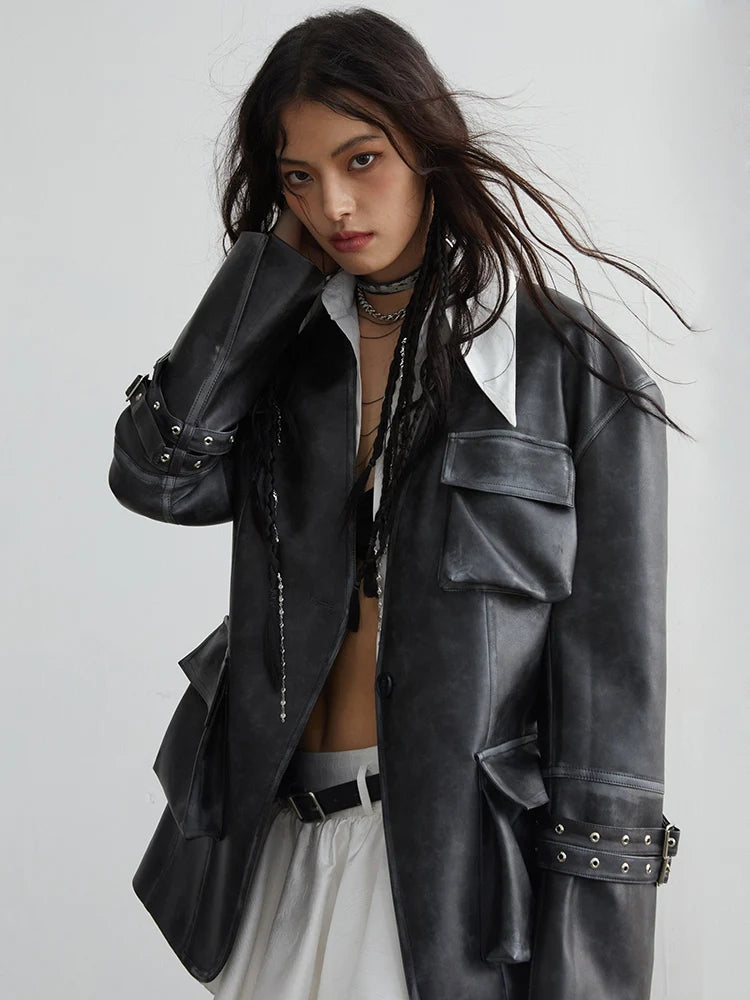 Loose Fit Black Faux Leather Jacket With Pockets for Women