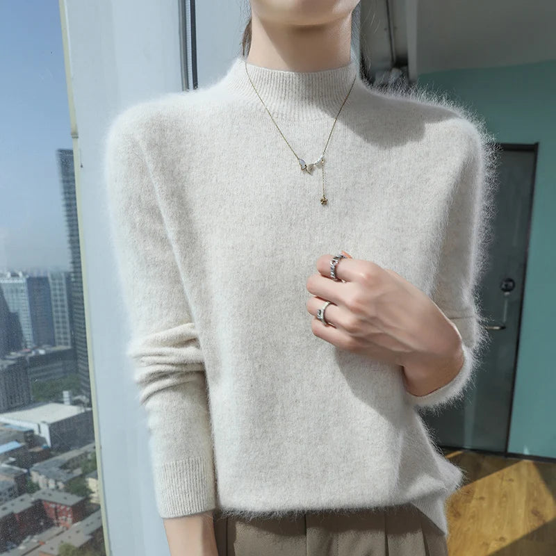 Loose Cashmere Knit Half High Neck Pullover Sweater for Women
