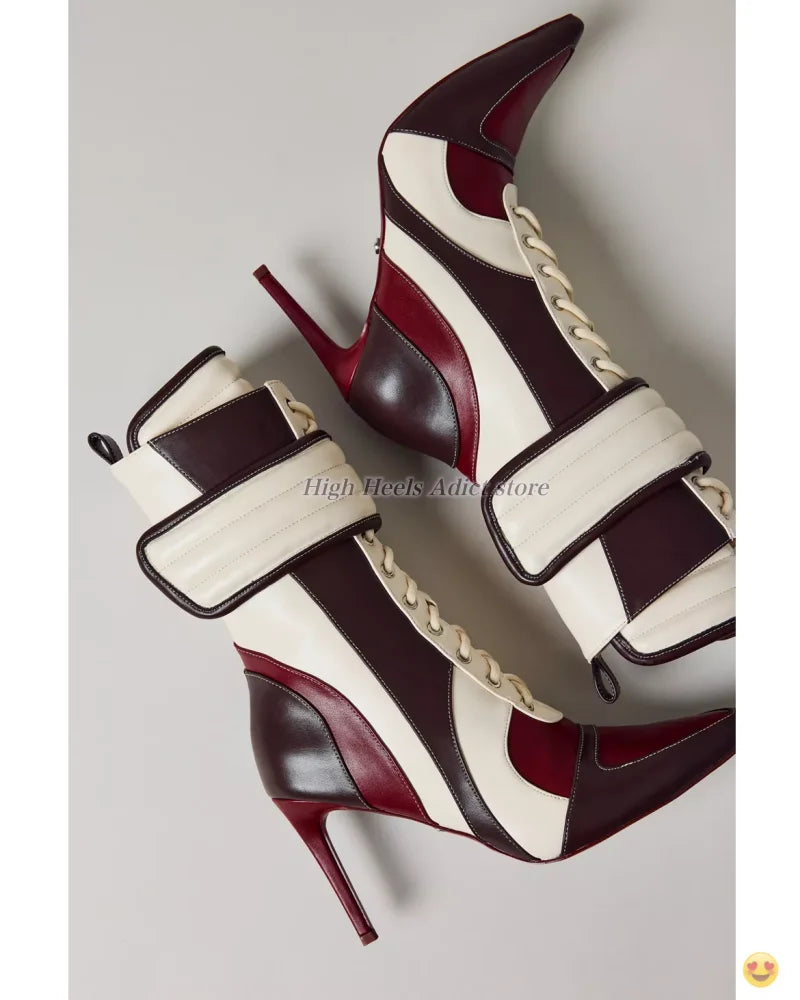 Stiletto Pointy Toe Lace Up Leather Midcalf Boots For Women