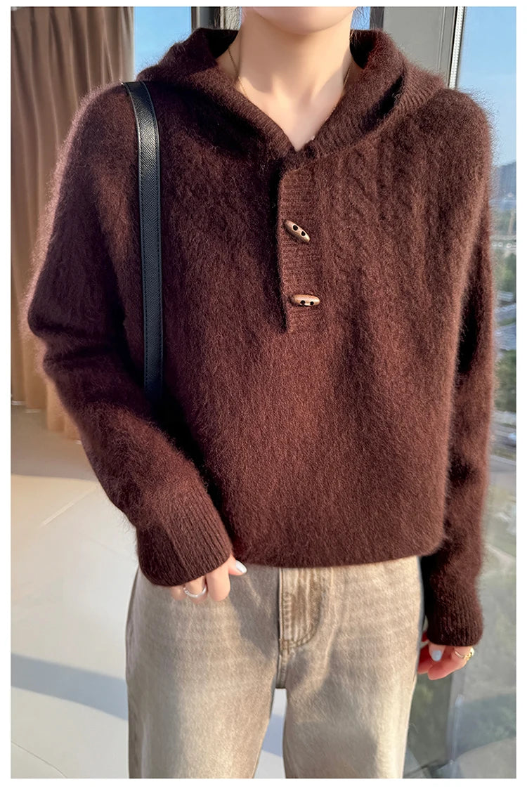 Chunky Knit Loose Hooded Pullover Sweater for Women