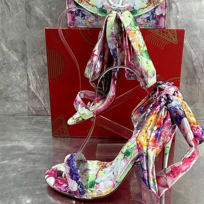 Printed Satin Ankle Strap Heels
