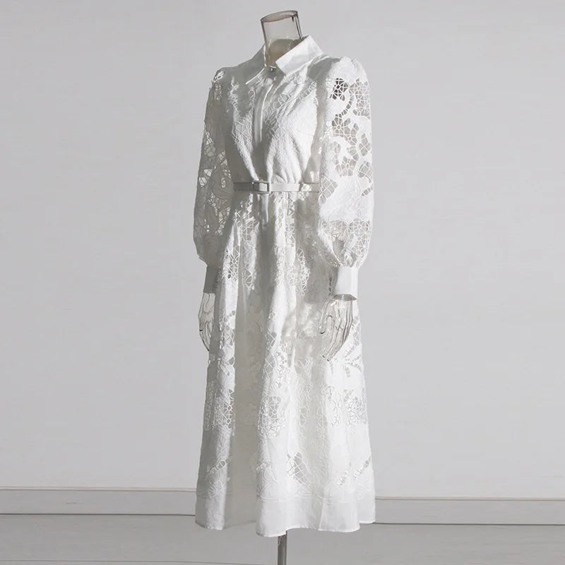 2026 New Spring Autumn Hollow Out Lantern Long Sleeve Women Dresses Elegant Embroidery Single-breasted A-line Casual Shirt Dress