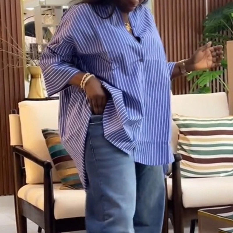 Casual Women's Shirts Striped Button Down Elegant Loose Lady Office Blouse Fashion Versatile Top for Female New 2025 Summer