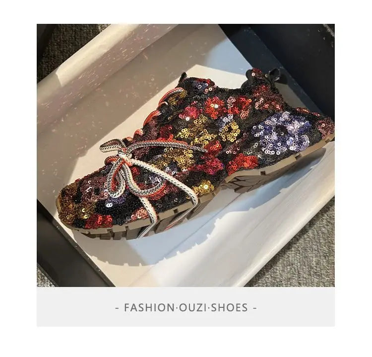 Sparkling Crystal Platform Lace Up Sneakers for Women