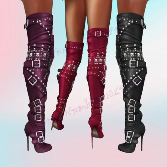 Black Strappy Buckle Decor Boots Rivet Over The Knee Pointed Toe Shoes for Women Thin High Heels Shoes 2025 Zapatos Para Mujere