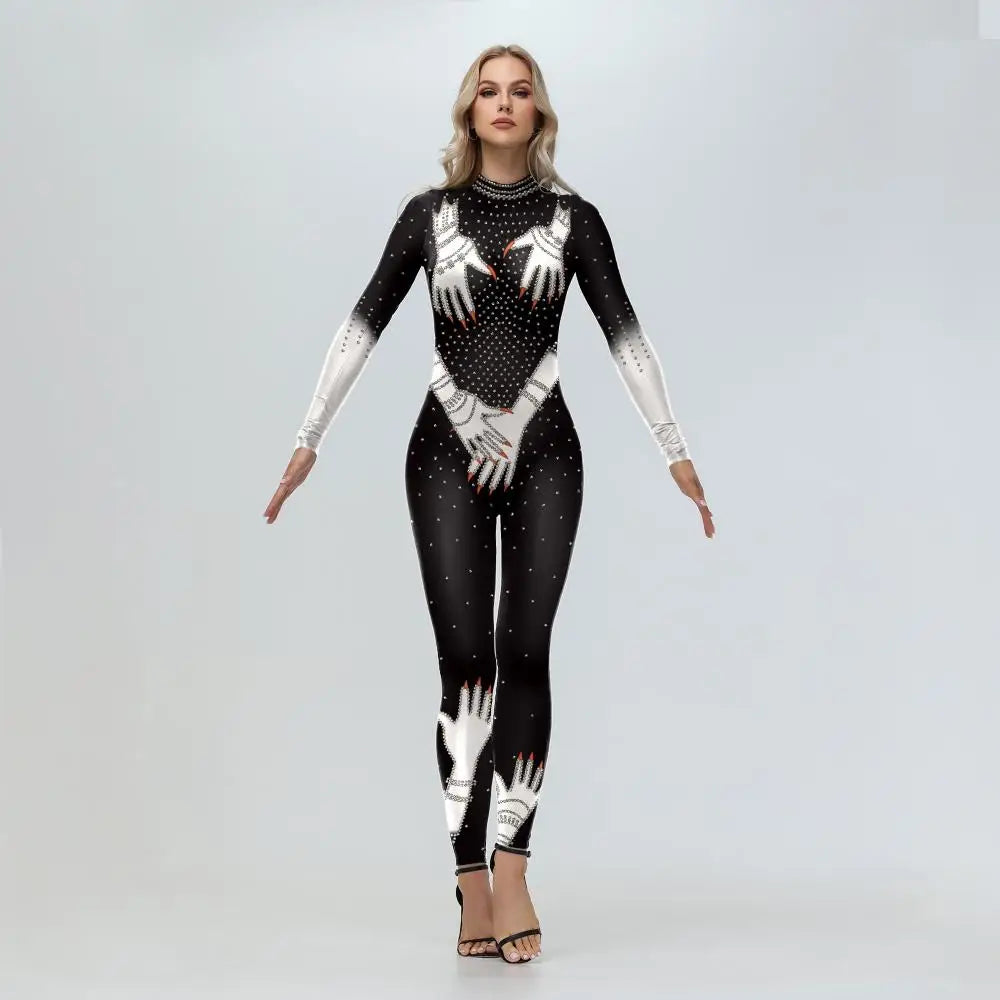 Elegant Skin Color Rhinestone Print Jumpsuit for Women
