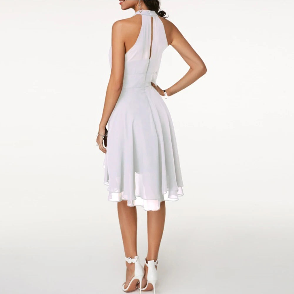 Elegant Sleeveless Halter Neck Chiffon Midi Dress for Women