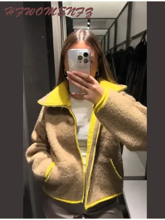Fuzz Yellow Contrast Long Sleeve With Zipper Coat for Women