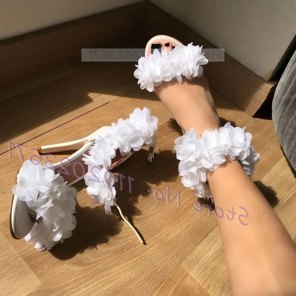 Elegant White Floral Ankle Strap Stiletto Sandals For Women