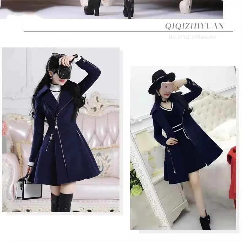 2025 Autumn Winter Clothing Deep Blue Zippered Long Sleeved Woolen Coat Jacket Women, Medium Length Slim Fit Thickened