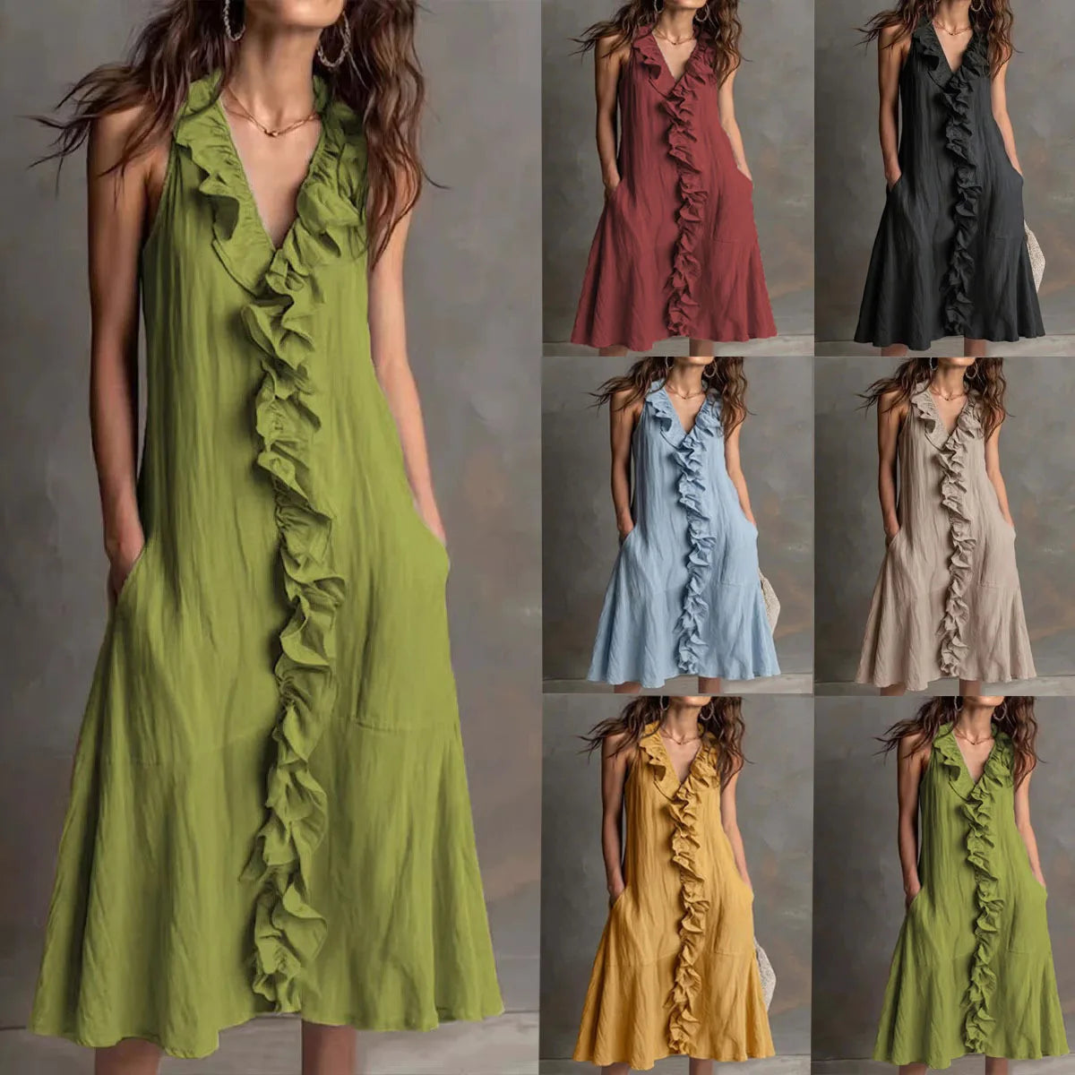 Solid Color Ruffle Trim V Neck Sleeveless Midi Dress with Pocket for Women