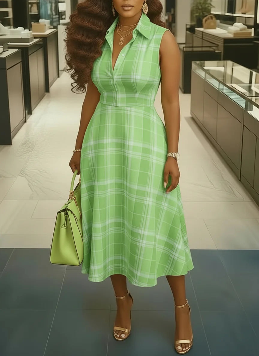 Women Lapel Collar Sleeveless Plaid Print Midi Dress For Shopping Mall Casual Daily And Weekend Vacation Occasion
